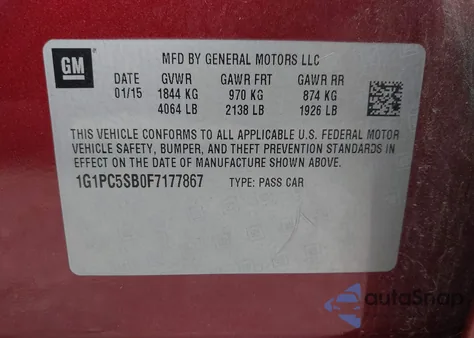 2015 Chevrolet Cruze 1Lt Auto from USA, damaged, VIN 1G1PC5SB0F7177867